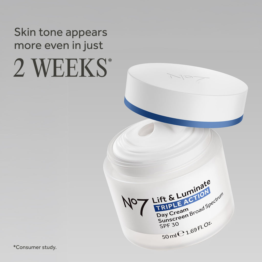 No7 Lift & Luminate Triple Action Day Cream - Anti-Aging Face Cream SPF 30, Hyaluronic Acid & Vitamin C - Visibly Firms Skin for Healthy Looking Radiance - Suitable for Sensitive Skin (1.69 Fl Oz)