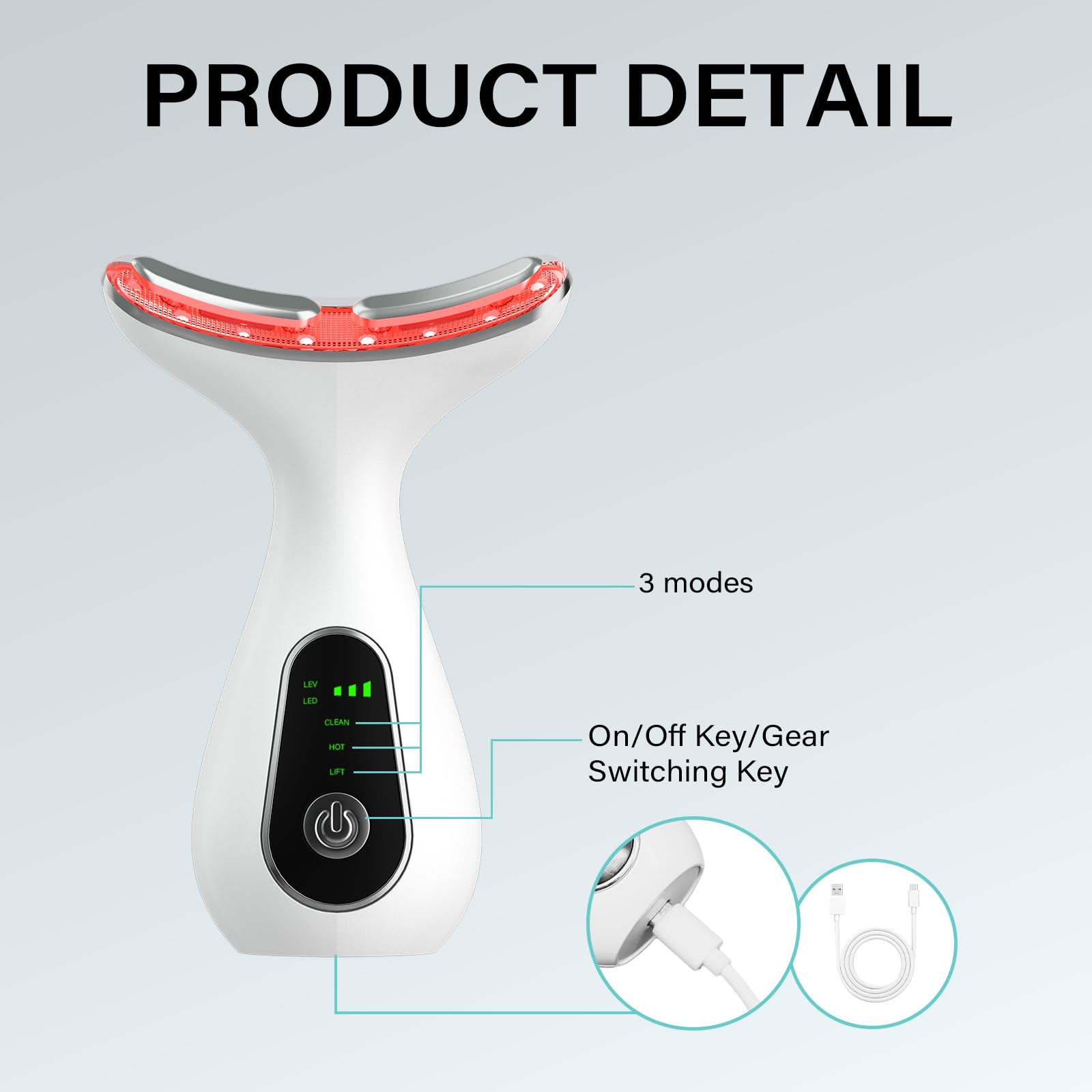 Red Light Therapy for Face, 7 Color LED Facial Light Therapy Wand for Skin Care at Home Blue Light Therapy Face Massager Tool for Neck (White)