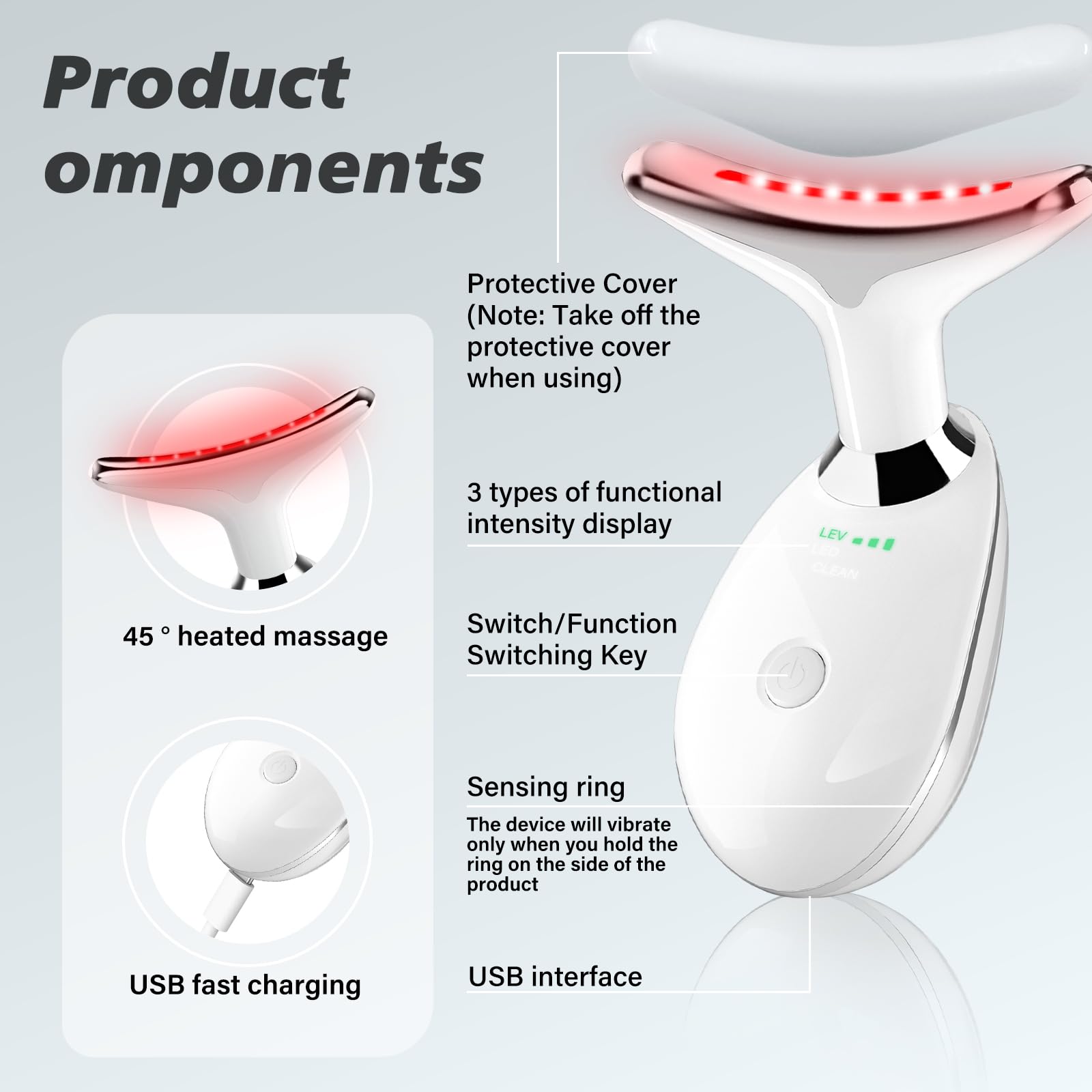Red Light Therapy for Face, 7 Color LED Facial Light Therapy Wand for Skin Care at Home Blue Light Therapy Face Massager Tool for Neck (White)