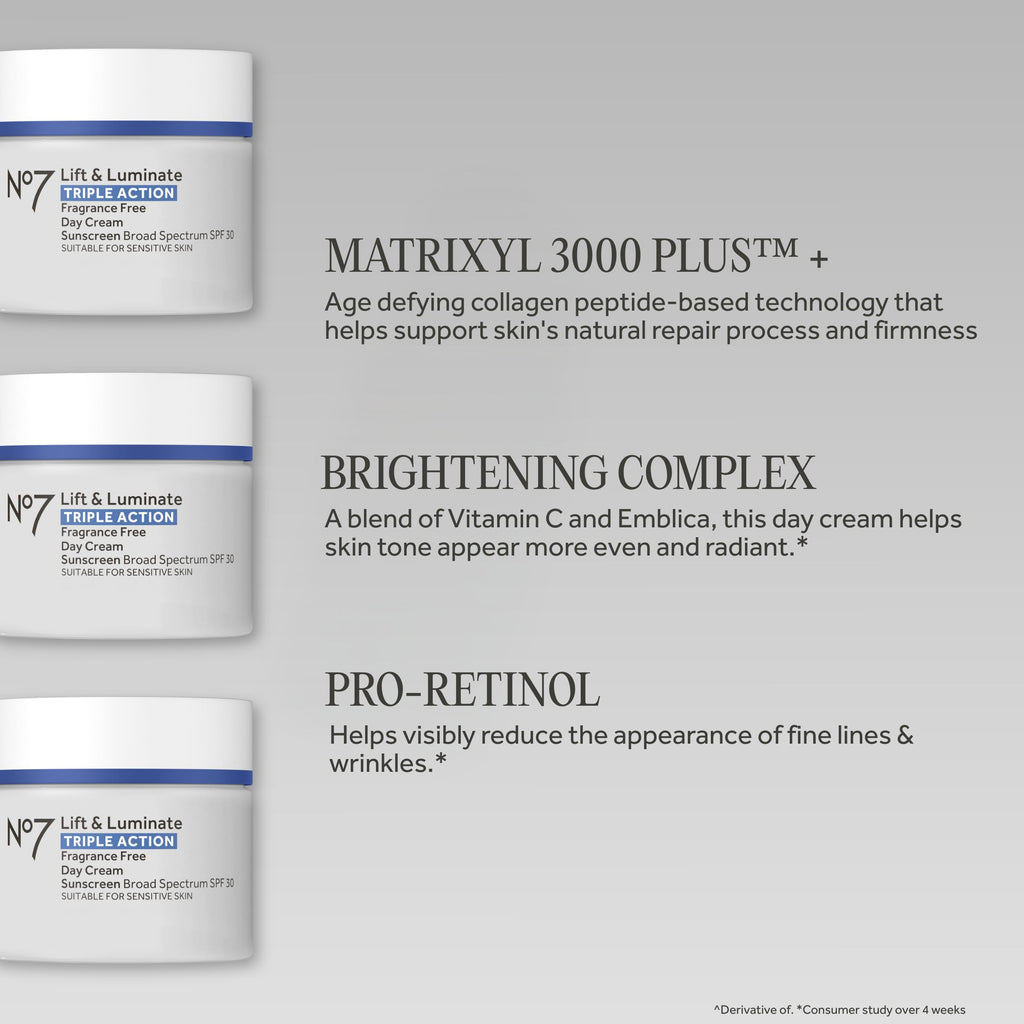 No7 Lift & Luminate Triple Action Day Cream - Anti-Aging Face Cream SPF 30, Hyaluronic Acid & Vitamin C - Visibly Firms Skin for Healthy Looking Radiance - Suitable for Sensitive Skin (1.69 Fl Oz)
