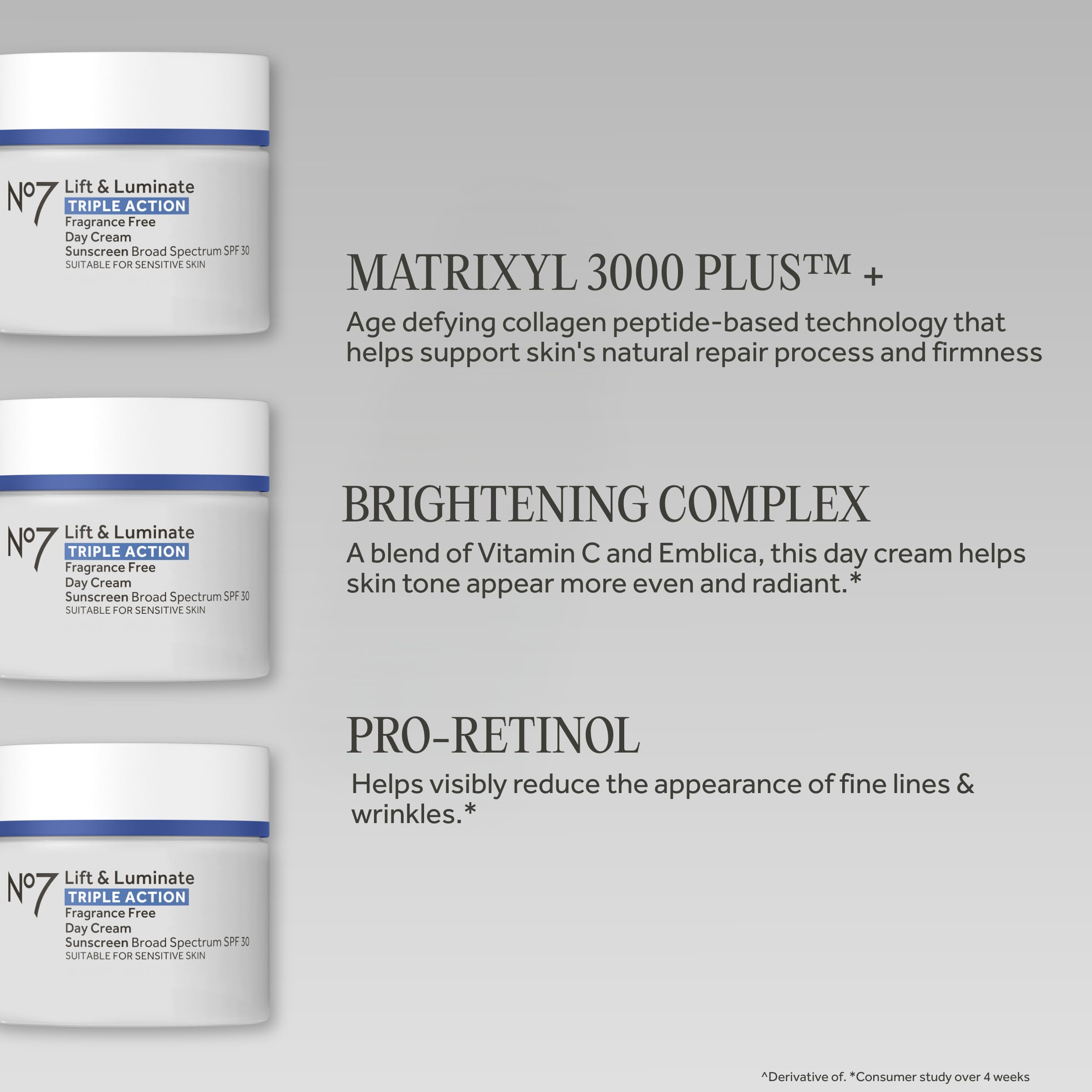 No7 Lift & Luminate Triple Action Day Cream - Anti-Aging Face Cream SPF 30, Hyaluronic Acid & Vitamin C - Visibly Firms Skin for Healthy Looking Radiance - Suitable for Sensitive Skin (1.69 Fl Oz)