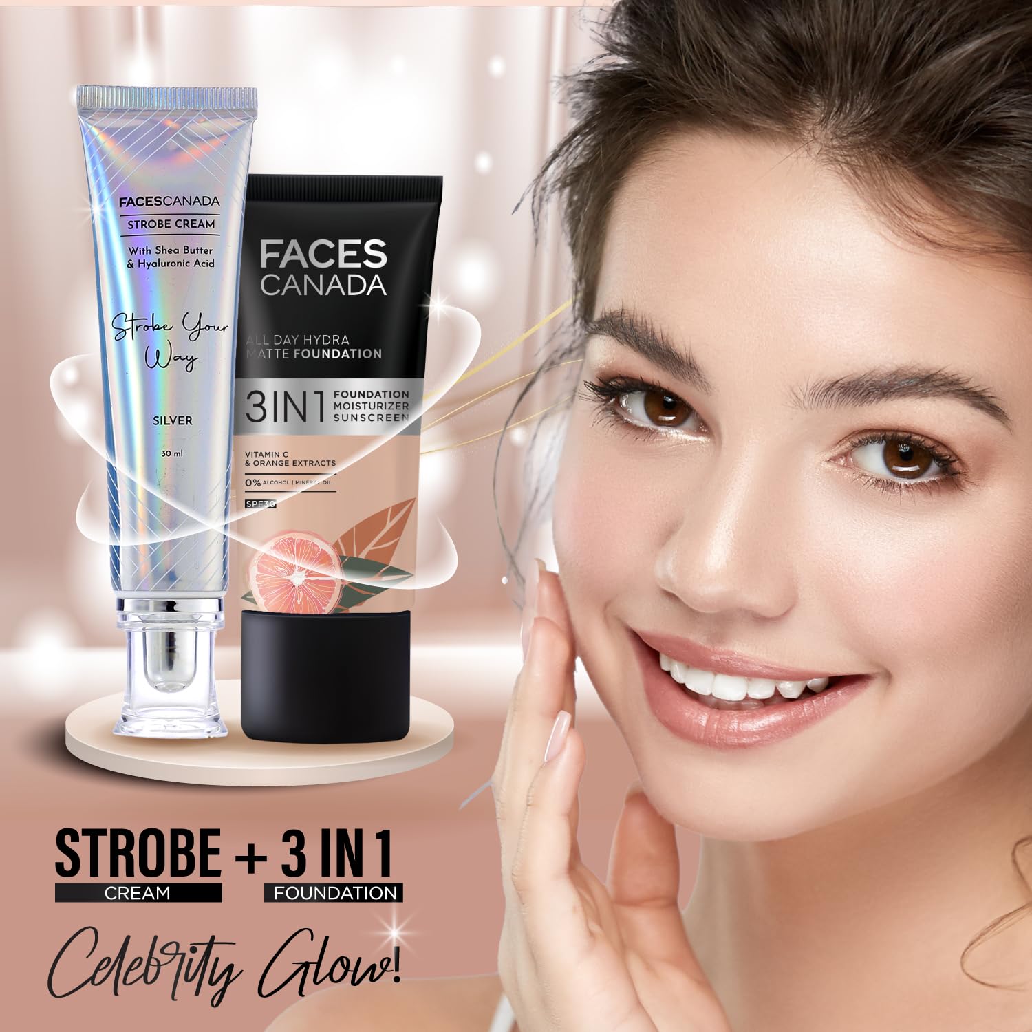 FACESCANADA Strobe Cream - Rose Gold | with Shea Butter & Hyaluronic Acid | Hydrating & Illuminating Makeup | for Radiant Dewy Skin | 1.01 Fl Oz (30ml)