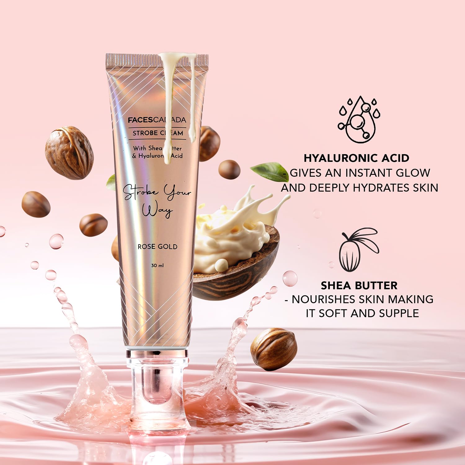FACESCANADA Strobe Cream - Rose Gold | with Shea Butter & Hyaluronic Acid | Hydrating & Illuminating Makeup | for Radiant Dewy Skin | 1.01 Fl Oz (30ml)