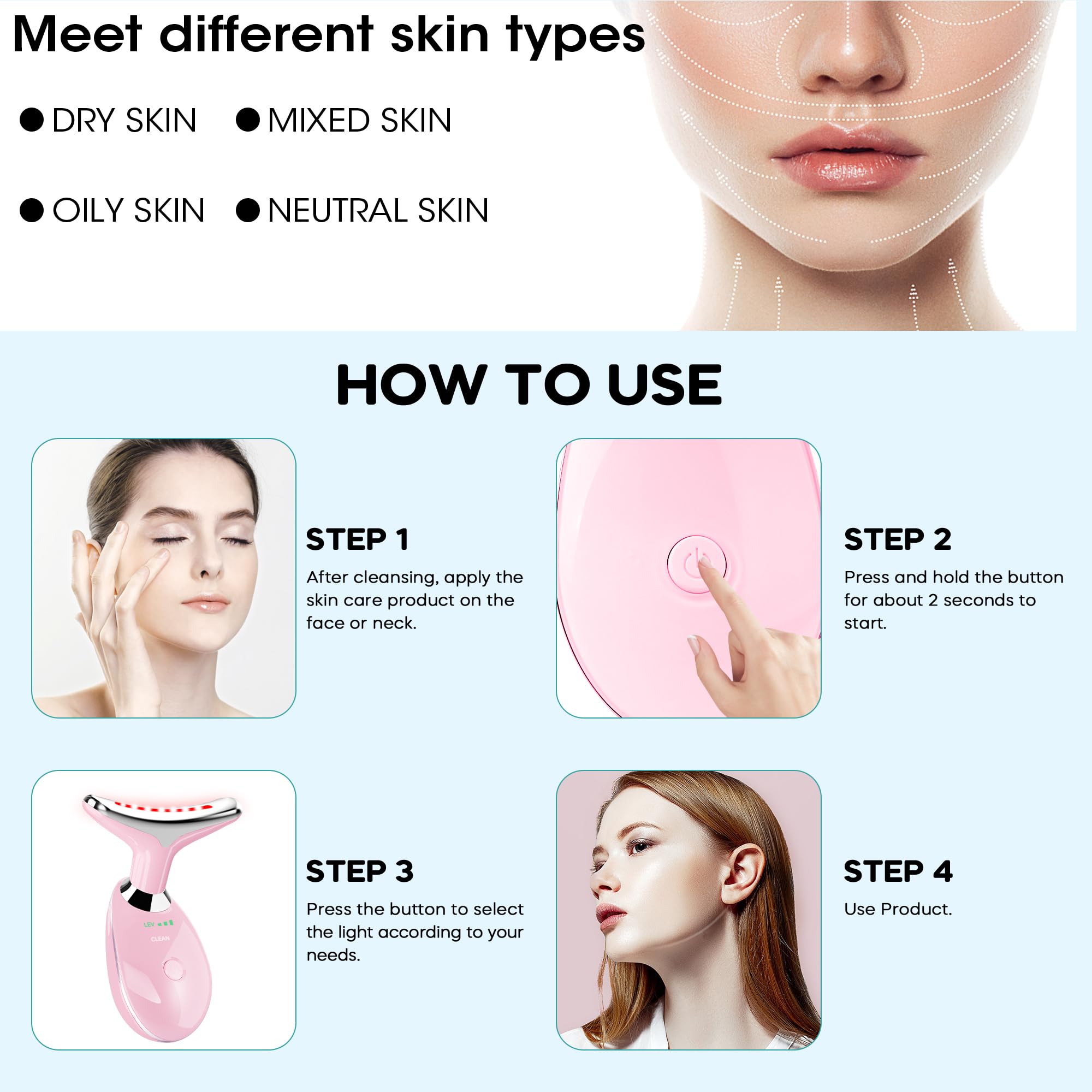 Red Light Therapy for Face, 7 Color LED Facial Light Therapy Wand for Skin Care at Home Blue Light Therapy Face Massager Tool for Neck (White)