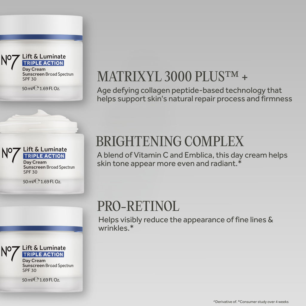 No7 Lift & Luminate Triple Action Day Cream - Anti-Aging Face Cream SPF 30, Hyaluronic Acid & Vitamin C - Visibly Firms Skin for Healthy Looking Radiance - Suitable for Sensitive Skin (1.69 Fl Oz)