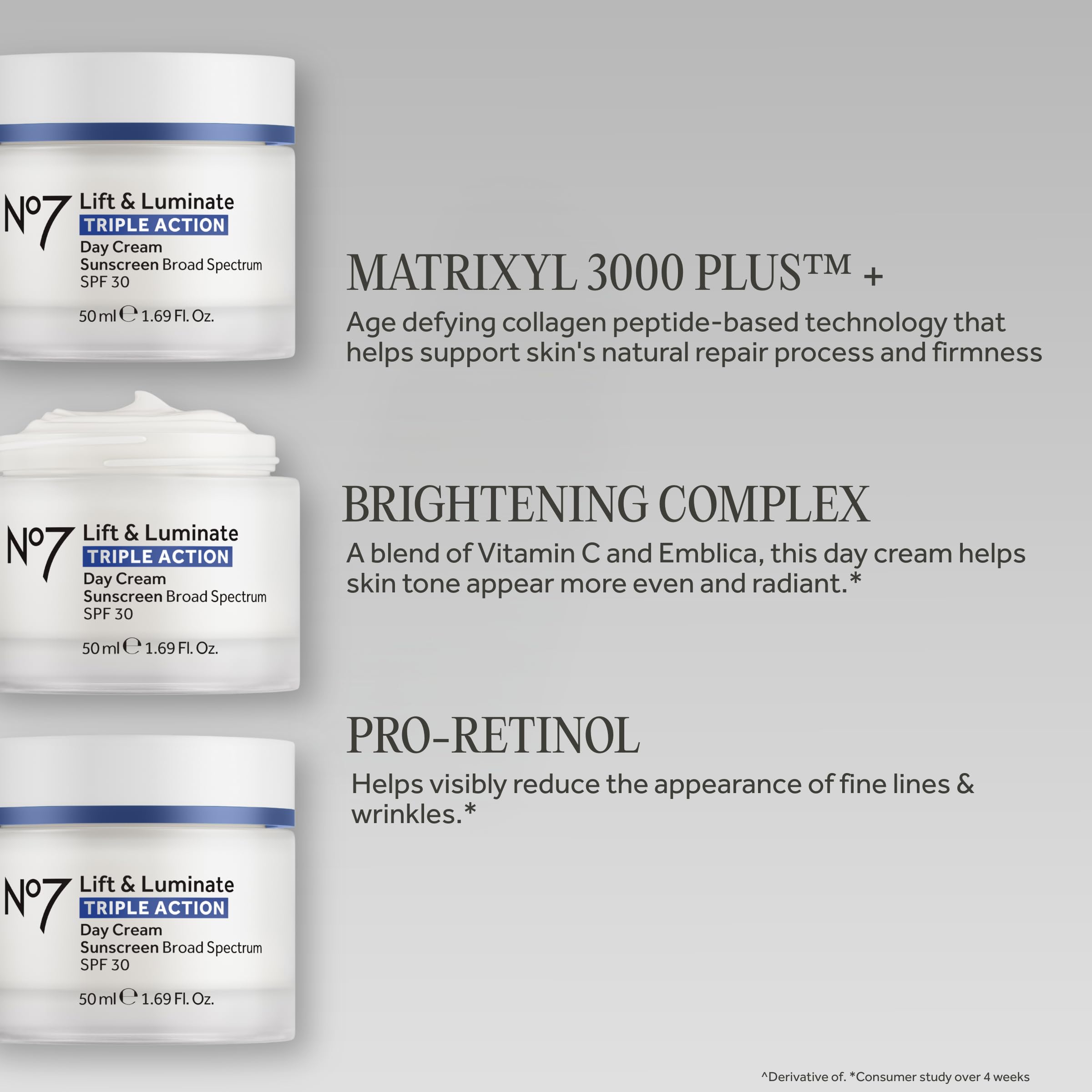No7 Lift & Luminate Triple Action Day Cream - Anti-Aging Face Cream SPF 30, Hyaluronic Acid & Vitamin C - Visibly Firms Skin for Healthy Looking Radiance - Suitable for Sensitive Skin (1.69 Fl Oz)