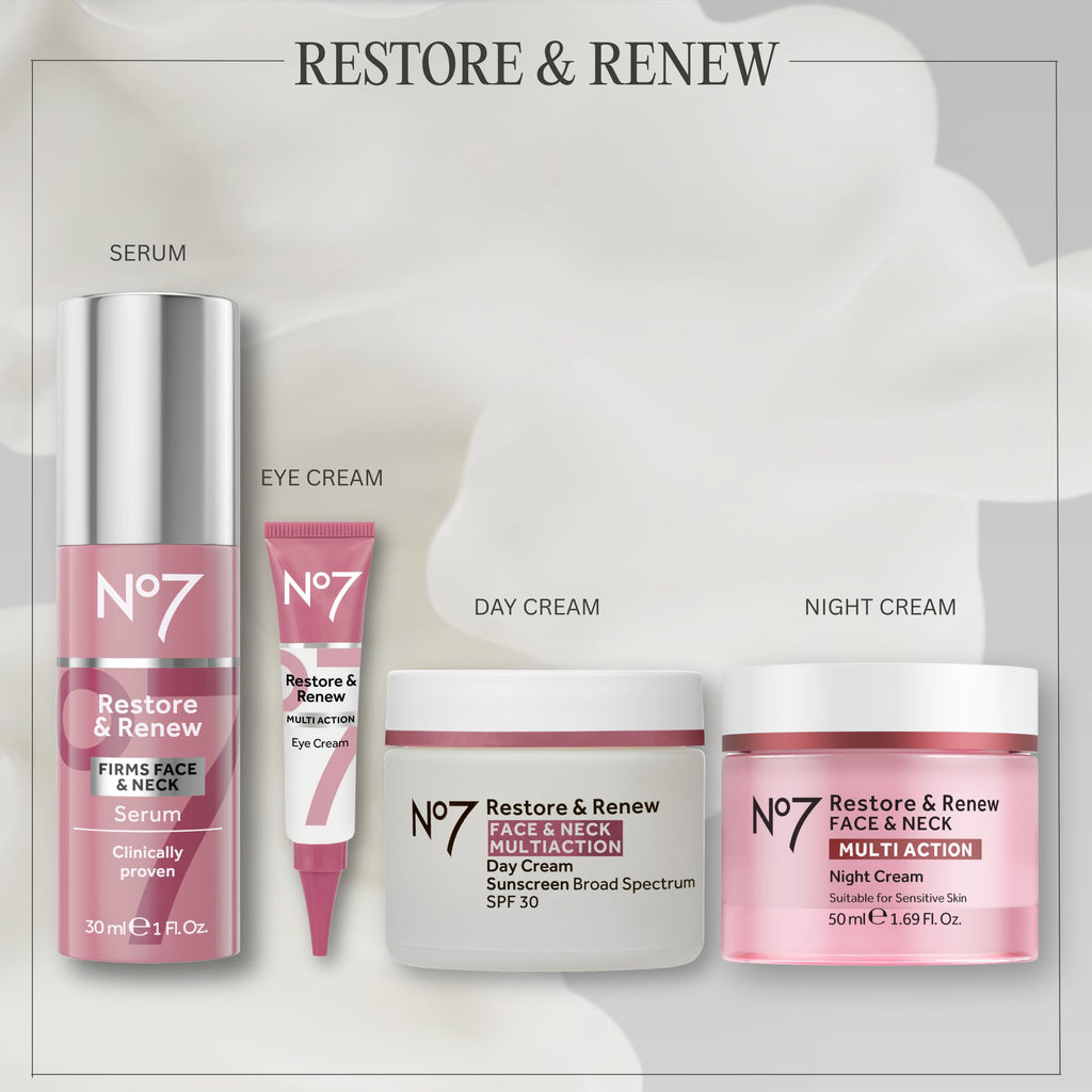 No7 Restore & Renew Multi Action Face & Neck Cream - Anti Aging Face Moisturizer with SPF 30 - Helps to Firm & Hydrate Crepey Skin - Formulated with Hyaluronic Acid, Peptides & Ceramides (1.69 Oz)